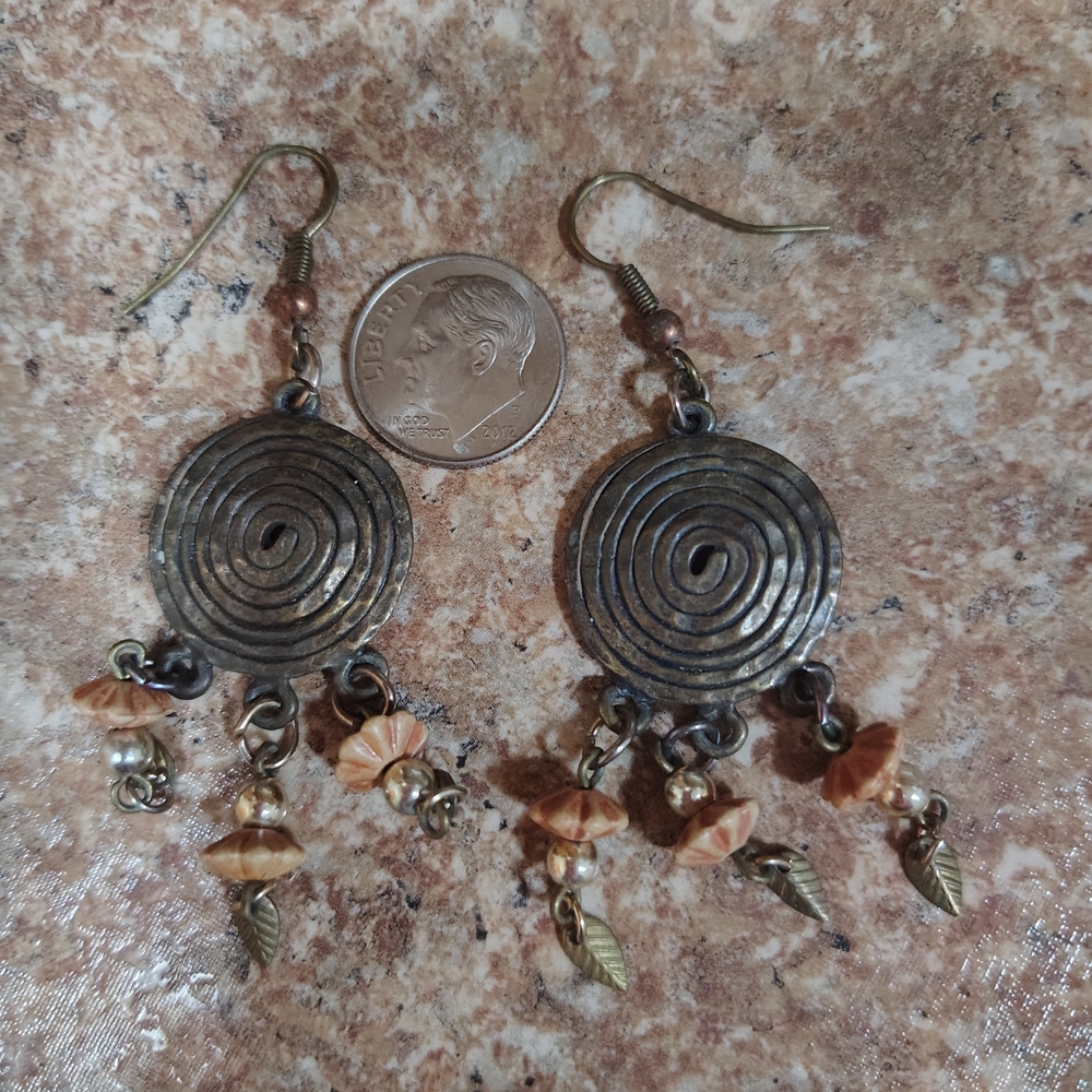 Vintage-Inspired Bronze Swirl Earrings with Leaf Charms